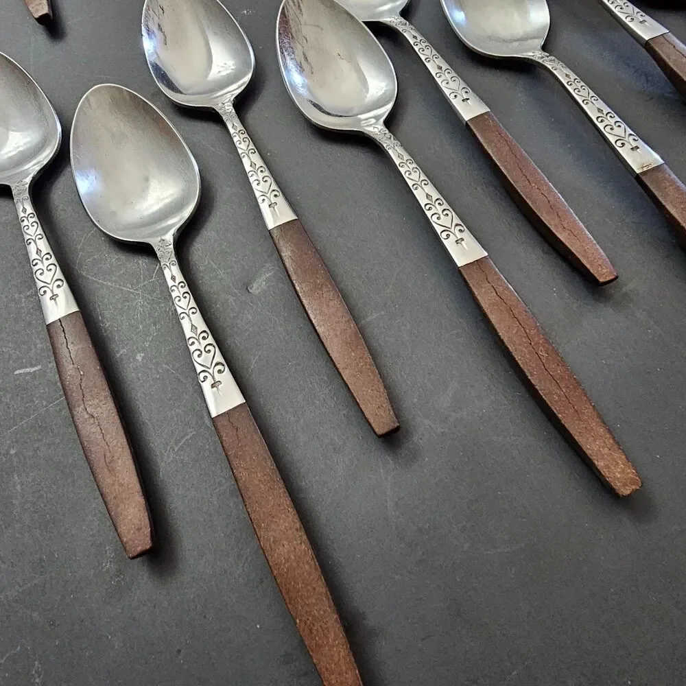 Vtg Interpur INR2 Japan Stainless Steel Faux Wood Handle Silverware Canoe 25 pcs